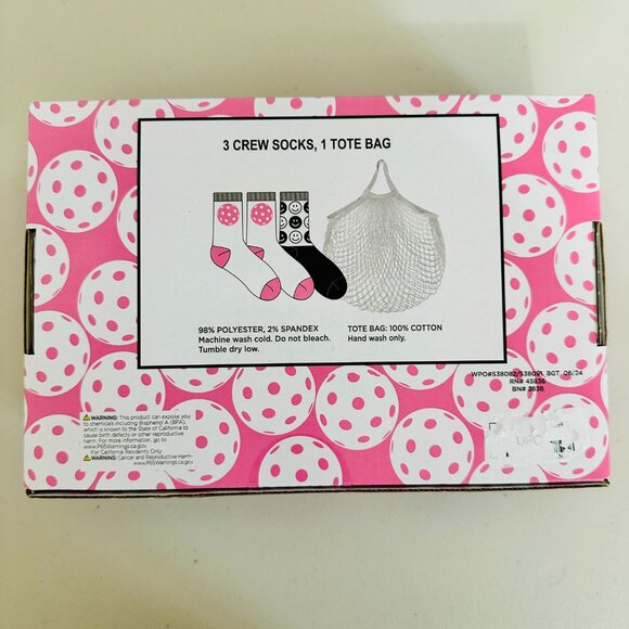 PICKLEBALL 3 PAIRS CREW SOCKS SIZE 9-11 AND 1 TOTE BAG GIFT SET WHITE PINK BLACK - Picture 5 of 6